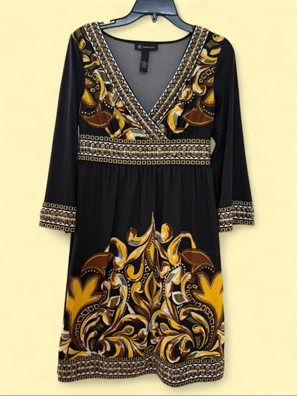 INC International Concepts Black Dress with Yellow & Brown Print Bell Sleeves